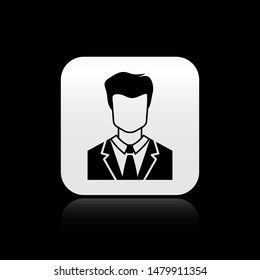 Black User of man in business suit icon isolated on black background. Business avatar symbol - user profile icon. Male user sign. Square button vector Illustration