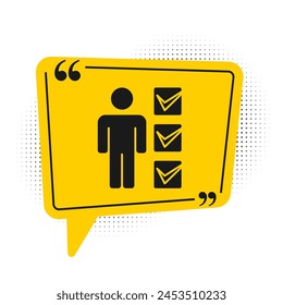 Black User of man in business suit icon isolated on white background. Business avatar symbol user profile icon. Male user sign. Yellow speech bubble symbol. Vector