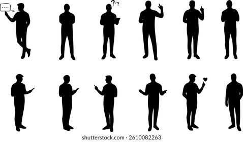 Black user people silhouette icons on white background. Minimalist avatar set for profiles, teams, social media, UI design, and presentations. Flat human figures in various simple poses and styles.
