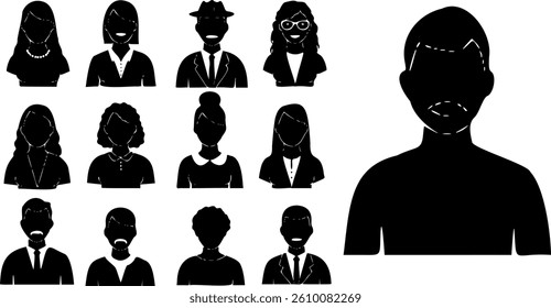Black user people silhouette icons on white background. Minimalist avatar set for profiles, teams, social media, UI design, and presentations. Flat human figures in various simple poses and styles.