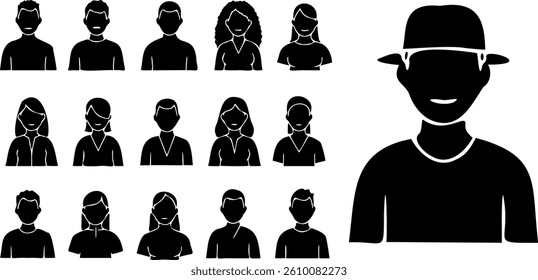 Black user people silhouette icons on white background. Minimalist avatar set for profiles, teams, social media, UI design, and presentations. Flat human figures in various simple poses and styles.