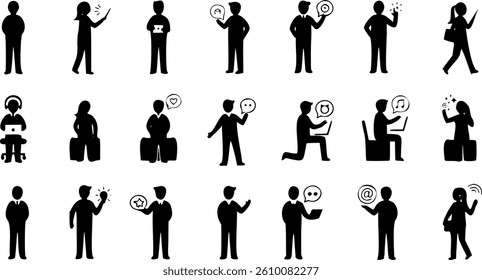 Black user people silhouette icons on white background. Minimalist avatar set for profiles, teams, social media, UI design, and presentations. Flat human figures in various simple poses and styles.