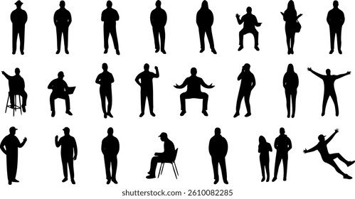 Black user people silhouette icons on white background. Minimalist avatar set for profiles, teams, social media, UI design, and presentations. Flat human figures in various simple poses and styles.