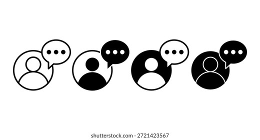 Black user person chat bubble icon representing messaging conversation and user communication.