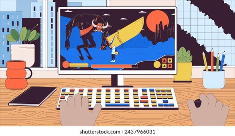 Black user playing computer game 2D linear illustration concept. Gamer defeating boss demon in rpg cartoon scene background. Computer gaming hobby metaphor abstract flat vector outline graphic