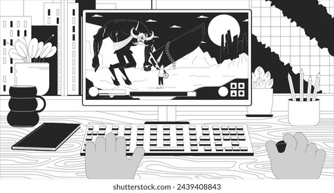 Black user playing computer game 2D linear illustration concept. Gamer defeating boss demon in rpg cartoon scene background. Computer gaming hobby metaphor abstract flat vector outline graphic