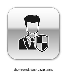 Black User protection icon isolated on white background. Secure user login, password protected, personal data protection, authentication icon. Silver square button. Vector Illustration