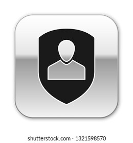 Black User protection icon isolated on white background. Secure user login, password protected, personal data protection, authentication icon. Silver square button. Vector Illustration
