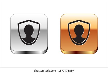 Black User protection icon isolated on white background. Secure user login, password protected, personal data protection, authentication. Silver-gold square button. Vector Illustration