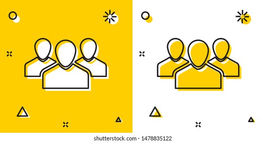 Black Users group icon isolated on yellow and white background. Group of people icon. Business avatar symbol - users profile icon. Random dynamic shapes. Vector Illustration