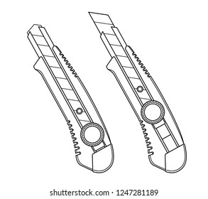 Black utility knifes flat design illustration, retro cutter knifes cordless line drawing, vector elements for infographic icon app logo web button ui ux interface elements isolated on white background
