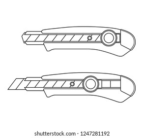 Black utility knifes flat design illustration, retro cutter knifes cordless line drawing, vector elements for infographic icon app logo web button ui ux interface elements isolated on white background