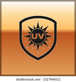 Black UV protection icon isolated on gold background. Sun and shield. Ultra violet rays radiation. SPF sun sign. Vector Illustration