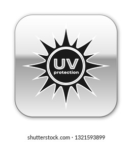 Black UV protection icon isolated on white background. Ultra violet rays radiation. SPF sun sign. Silver square button. Vector Illustration