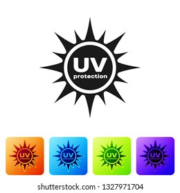 Black UV protection icon isolated on white background. Ultra violet rays radiation. SPF sun sign. Set icon in color square buttons. Vector Illustration