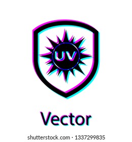 Black UV protection icon isolated on white background. Sun and shield. Ultra violet rays radiation. SPF sun sign. Vector Illustration