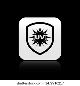 Black UV protection icon isolated on black background. Sun and shield. Ultra violet rays radiation. SPF sun sign. Square button vector Illustration