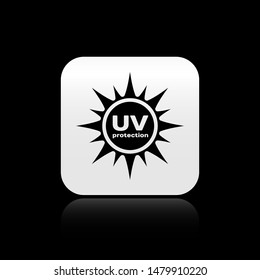 Black UV protection icon isolated on black background. Ultra violet rays radiation. SPF sun sign. Square button vector Illustration