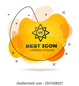 Black UV protection icon isolated on white background. Ultra violet rays radiation. SPF sun sign. Abstract banner with liquid shapes. Vector Illustration