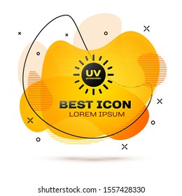 Black UV protection icon isolated on white background. Ultra violet rays radiation. SPF sun sign. Abstract banner with liquid shapes. Vector Illustration