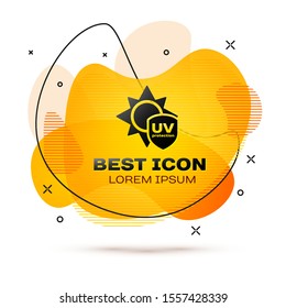 Black UV protection icon isolated on white background. Sun and shield. Ultra violet rays radiation. SPF sun sign. Abstract banner with liquid shapes. Vector Illustration