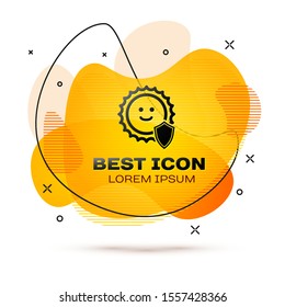 Black UV protection icon isolated on white background. Sun and shield. Ultra violet rays radiation. SPF sun sign. Abstract banner with liquid shapes. Vector Illustration
