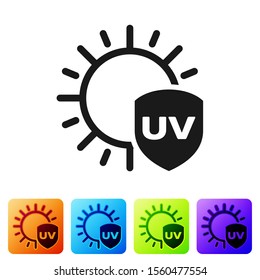 Black UV protection icon isolated on white background. Sun and shield. Ultra violet rays radiation. SPF sun sign. Set icons in color square buttons. Vector Illustration