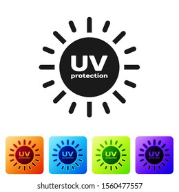 Black UV protection icon isolated on white background. Ultra violet rays radiation. SPF sun sign. Set icons in color square buttons. Vector Illustration