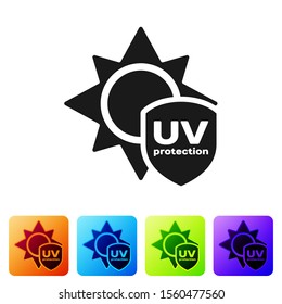Black UV protection icon isolated on white background. Sun and shield. Ultra violet rays radiation. SPF sun sign. Set icons in color square buttons. Vector Illustration