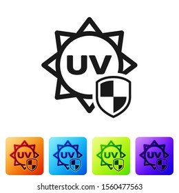 Black UV protection icon isolated on white background. Sun and shield. Ultra violet rays radiation. SPF sun sign. Set icons in color square buttons. Vector Illustration