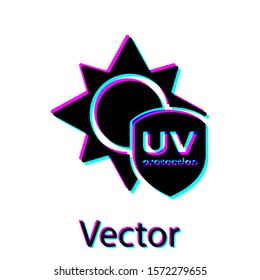 Black UV protection icon isolated on white background. Sun and shield. Ultra violet rays radiation. SPF sun sign.  Vector Illustration