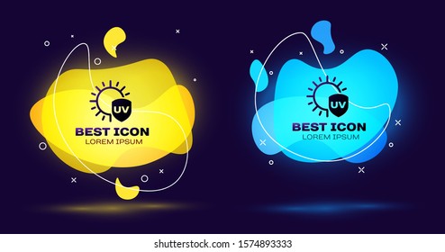 Black UV protection icon isolated on dark blue background. Sun and shield. Ultra violet rays radiation. SPF sun sign. Set abstract banner with liquid shapes. Vector Illustration