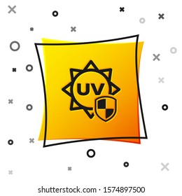 Black UV protection icon isolated on white background. Sun and shield. Ultra violet rays radiation. SPF sun sign. Yellow square button. Vector Illustration