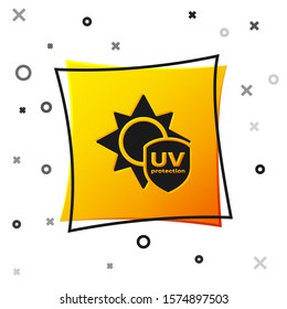 Black UV protection icon isolated on white background. Sun and shield. Ultra violet rays radiation. SPF sun sign. Yellow square button. Vector Illustration