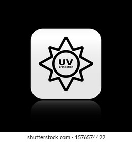 Black UV protection icon isolated on black background. Ultra violet rays radiation. SPF sun sign. Silver square button. Vector Illustration