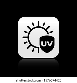 Black UV protection icon isolated on black background. Sun and shield. Ultra violet rays radiation. SPF sun sign. Silver square button. Vector Illustration