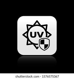Black UV protection icon isolated on black background. Sun and shield. Ultra violet rays radiation. SPF sun sign. Silver square button. Vector Illustration