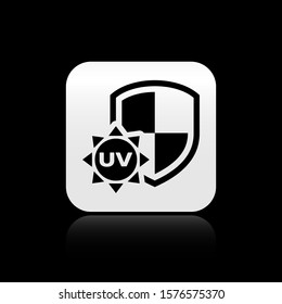 Black UV protection icon isolated on black background. Sun and shield. Ultra violet rays radiation. SPF sun sign. Silver square button. Vector Illustration