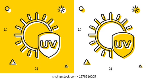 Black UV protection icon isolated on yellow and white background. Sun and shield. Ultra violet rays radiation. SPF sun sign. Random dynamic shapes. Vector Illustration