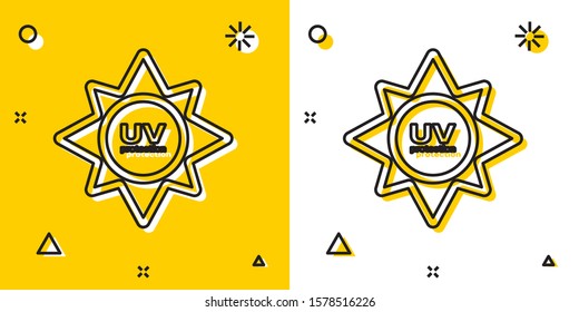 Black UV protection icon isolated on yellow and white background. Ultra violet rays radiation. SPF sun sign. Random dynamic shapes. Vector Illustration
