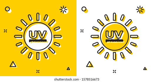 Black UV protection icon isolated on yellow and white background. Ultra violet rays radiation. SPF sun sign. Random dynamic shapes. Vector Illustration