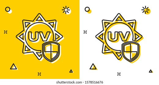Black UV protection icon isolated on yellow and white background. Sun and shield. Ultra violet rays radiation. SPF sun sign. Random dynamic shapes. Vector Illustration