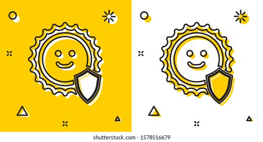 Black UV protection icon isolated on yellow and white background. Sun and shield. Ultra violet rays radiation. SPF sun sign. Random dynamic shapes. Vector Illustration