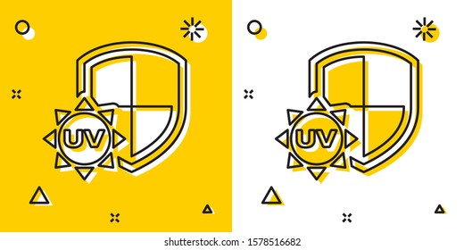 Black UV protection icon isolated on yellow and white background. Sun and shield. Ultra violet rays radiation. SPF sun sign. Random dynamic shapes. Vector Illustration