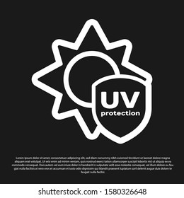 Black UV protection icon isolated on black background. Sun and shield. Ultra violet rays radiation. SPF sun sign.  Vector Illustration
