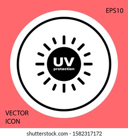 Black UV protection icon isolated on red background. Ultra violet rays radiation. SPF sun sign. White circle button. Vector Illustration