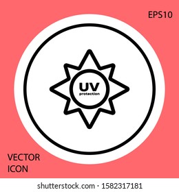 Black UV protection icon isolated on red background. Ultra violet rays radiation. SPF sun sign. White circle button. Vector Illustration