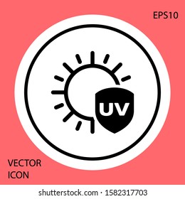 Black UV protection icon isolated on red background. Sun and shield. Ultra violet rays radiation. SPF sun sign. White circle button. Vector Illustration