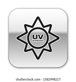 Black UV protection icon isolated on white background. Ultra violet rays radiation. SPF sun sign. Silver square button. Vector Illustration