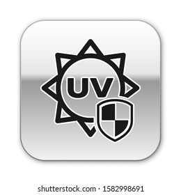 Black UV protection icon isolated on white background. Sun and shield. Ultra violet rays radiation. SPF sun sign. Silver square button. Vector Illustration